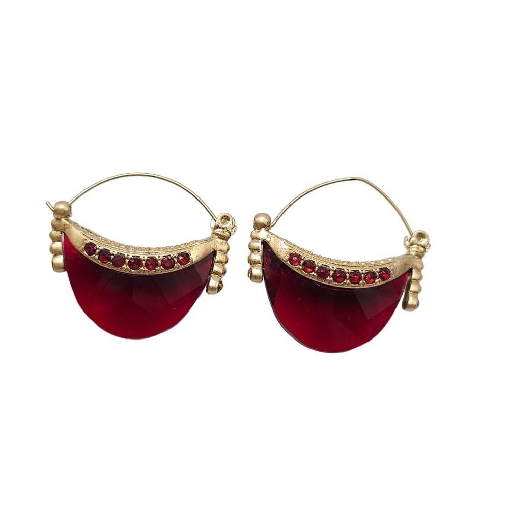 Vintage Costume Jewelry Earrings Gold Tone Metal Red Faux Rhinestones